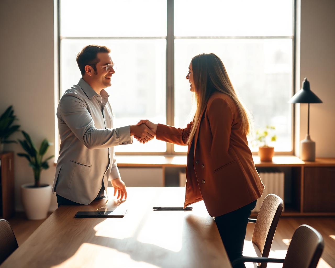 Two business owners shaking hands in a sunlit office